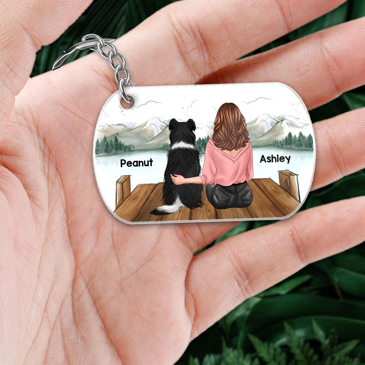 Woman & Dog Sitting On Bridge Personalized Acrylic Keychain