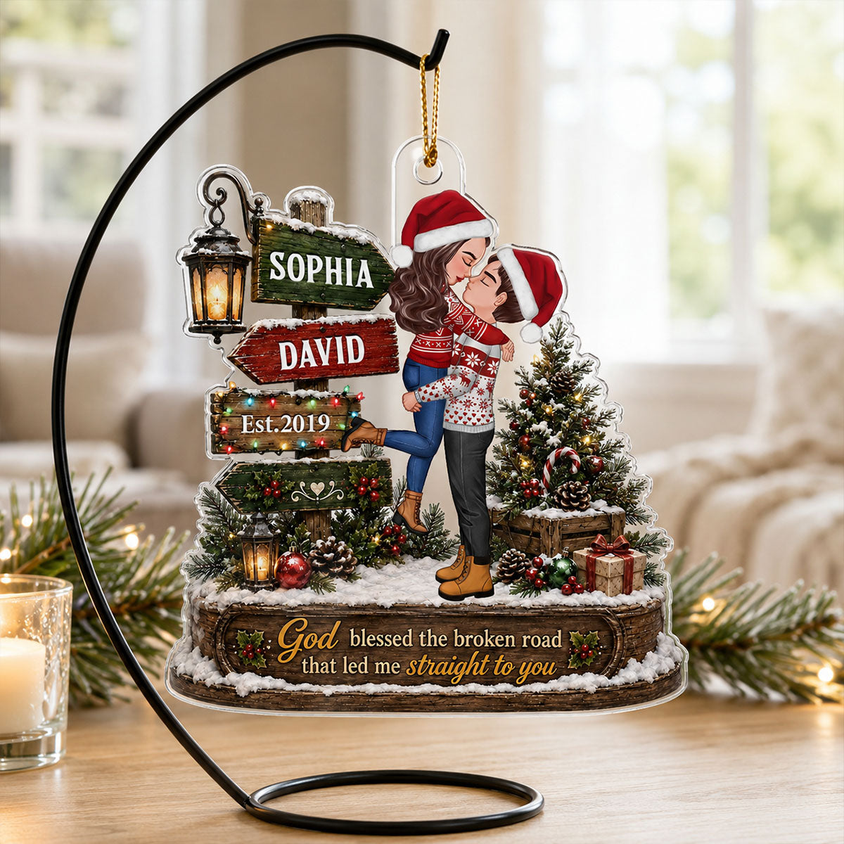 God Blessed the Broken Road That Led Me Straight to You - Personalized Acrylic Ornament - Couple Christmas Gift for Her, for Him