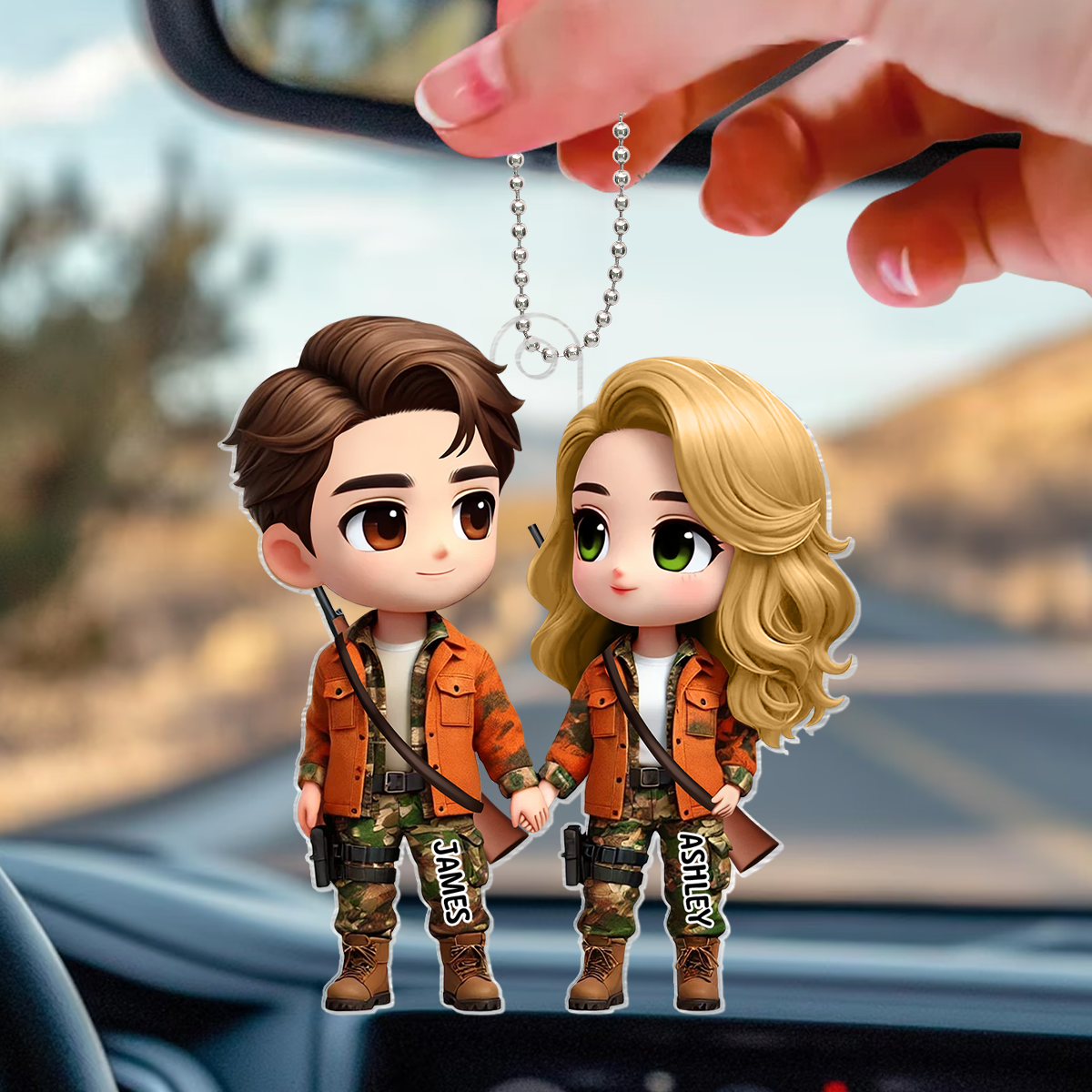 3D Effect Cute Cartoon Couple Hunting Personalized Acrylic Car Hanger, Anniversary &  Gift for him, Gift for her