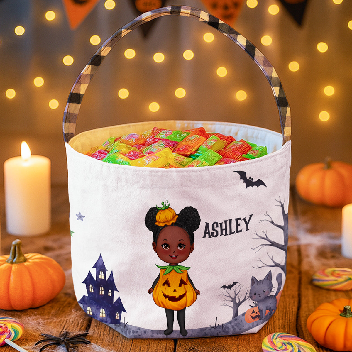 Halloween Cute Kids Characters Personalized Trick or Treat Basket, Gift for Daughter, Son, Grandkids