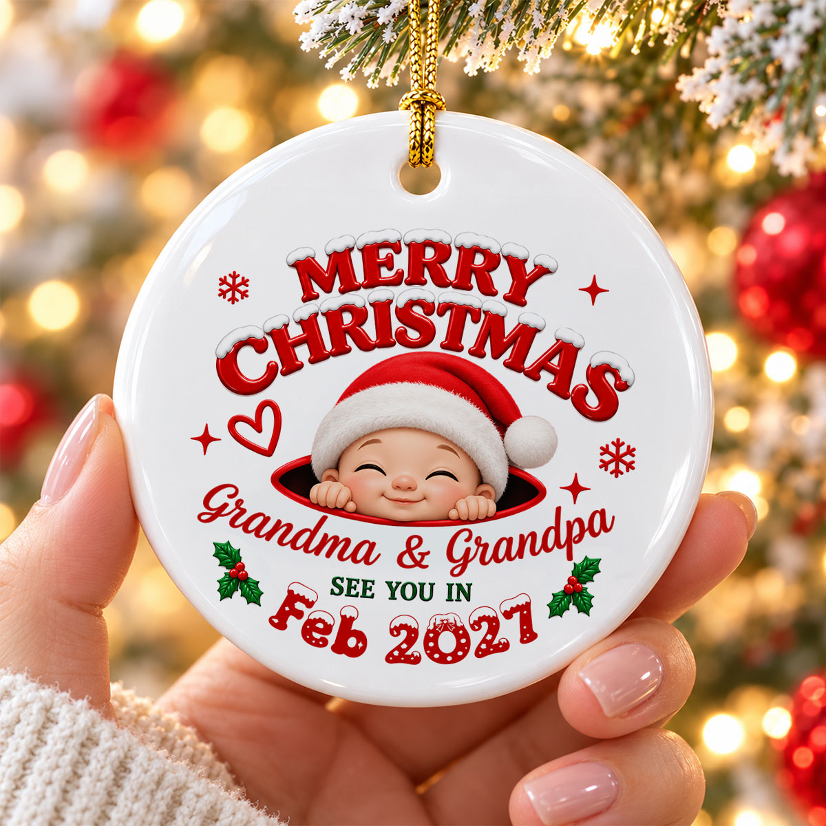 Merry Christmas Grandma & Grandpa - Personalized Ceramic Ornament - Pregnancy Announcement, Christmas Gift For Grandparents, Grandma, Grandpa, Expecting Grandparents