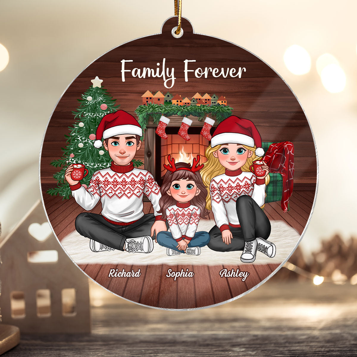 Animated Family Sitting In Cozy House Christmas Personalized Acrylic Ornament