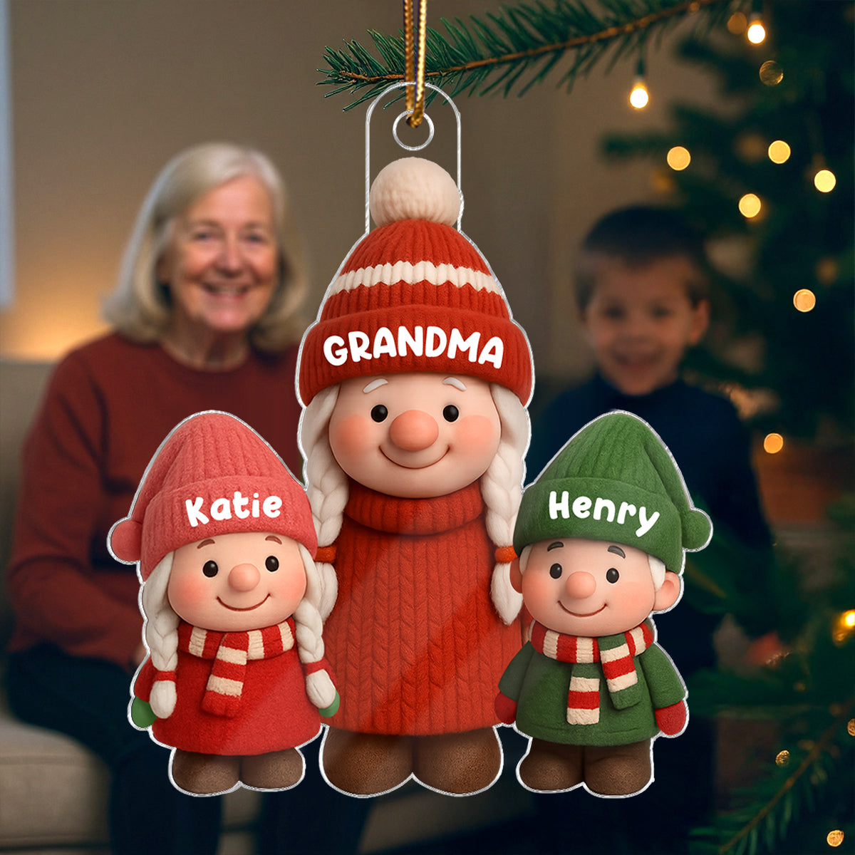 3D Effect Cute Gnome Grandma And Grandkids - Personalized Acrylic Ornament