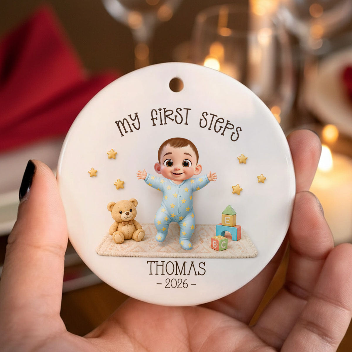 Baby First Steps Learned to Walk - Personalized Ceramic Ornament - Milestone Christmas Keepsake