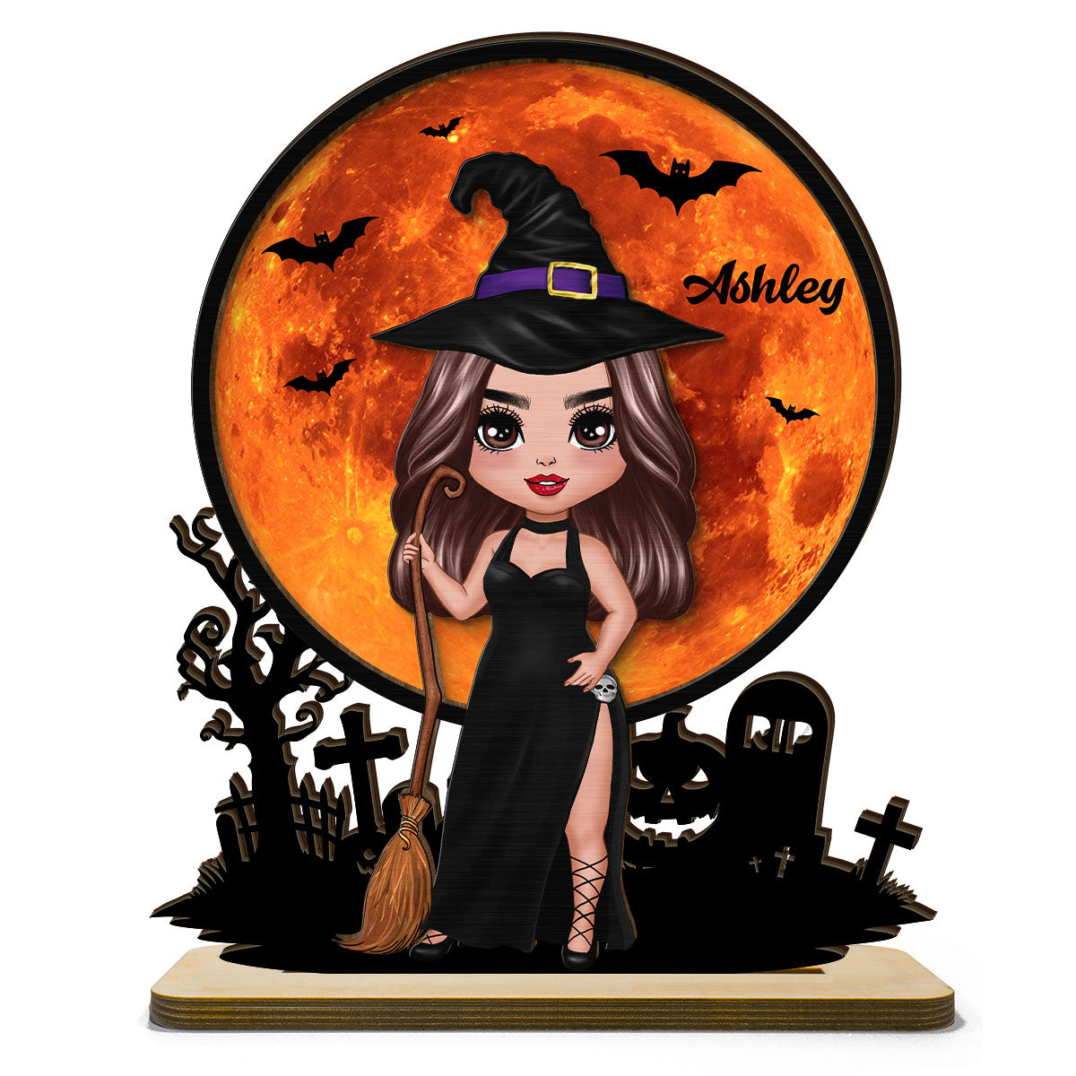 Witch Under Halloween Moon Tabletop Tier Tray Wicca Pagan Decor Personalized 2-Layer Standing Wooden Plaque