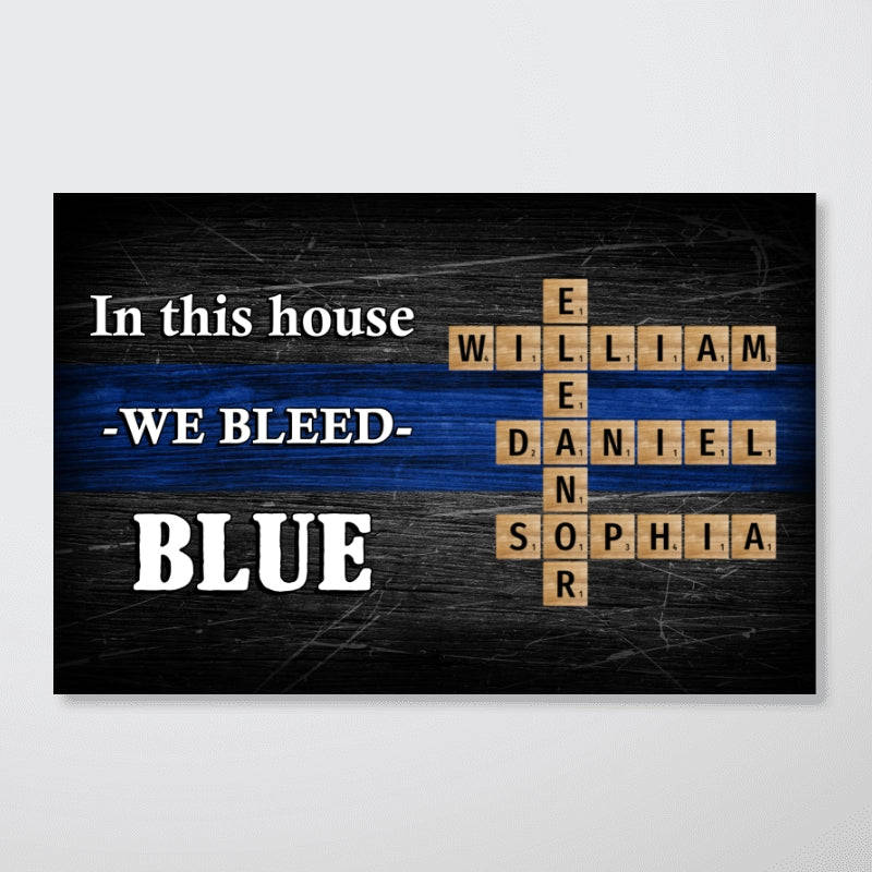 In This House We Bleed Blue Family Crossword Art Puzzle, Personalized Thin Blue Line Poster, Meaningful Father's Day Gift for Dad, Gift for Husband