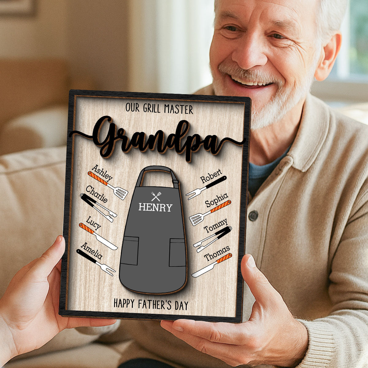 Our Grill Master Apron And Tools With Kids' Names Personalized 2-Layer Wooden Plaque, Father's Day Gift For Husband, For Dad, For Grandpa