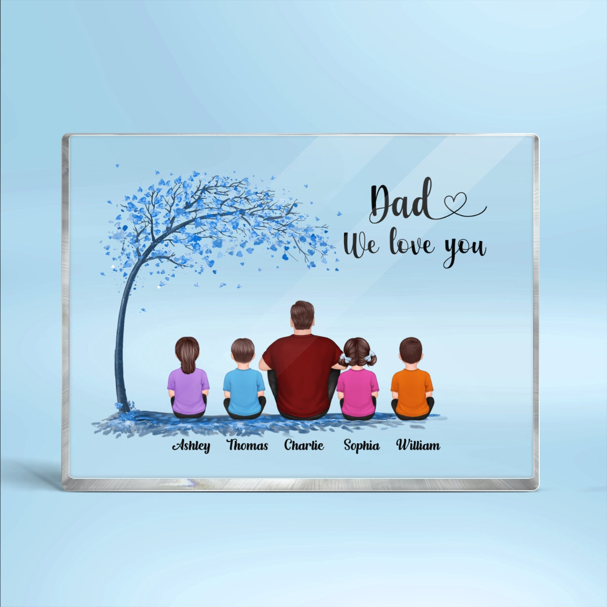 Blue Tree Best Dad Ever Back View Man Sitting With Kids Dogs Cats Personalized Horizontal Rectangle Acrylic Block