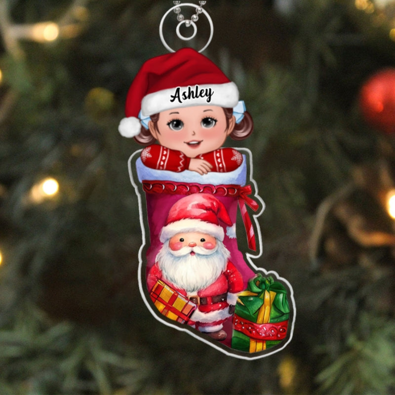 Cute Kid In Christmas Stocking Personalized Acrylic Ornament, Gift For Son, Daughter, Grandson, Granddaughter, Grandchildren
