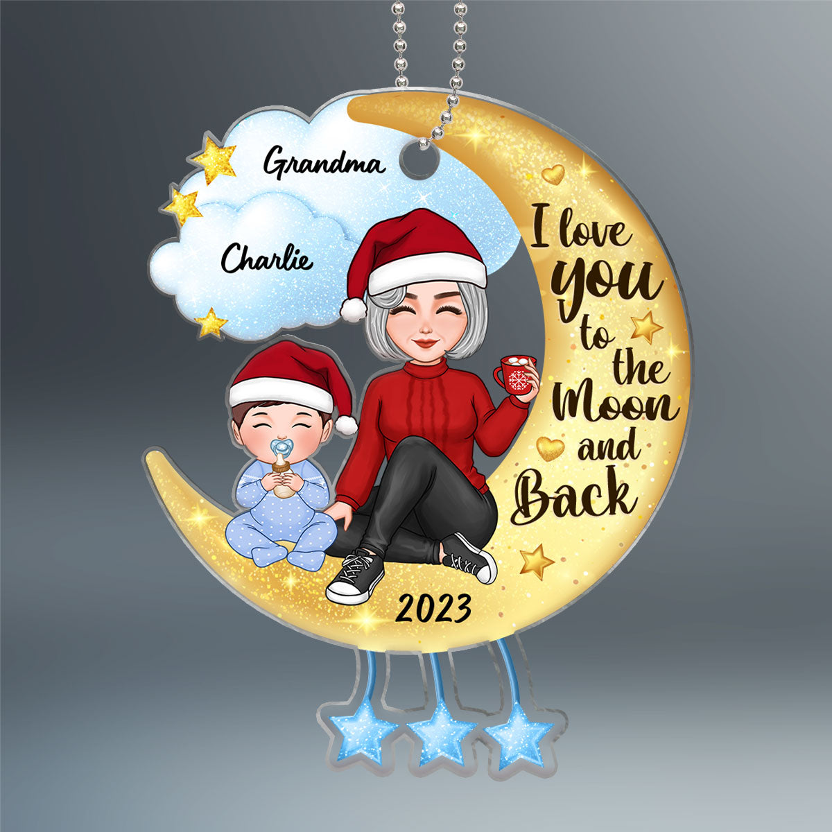 Cute Grandma & Grandkid Sitting On Moon And Cloud Personalized Acrylic Ornament