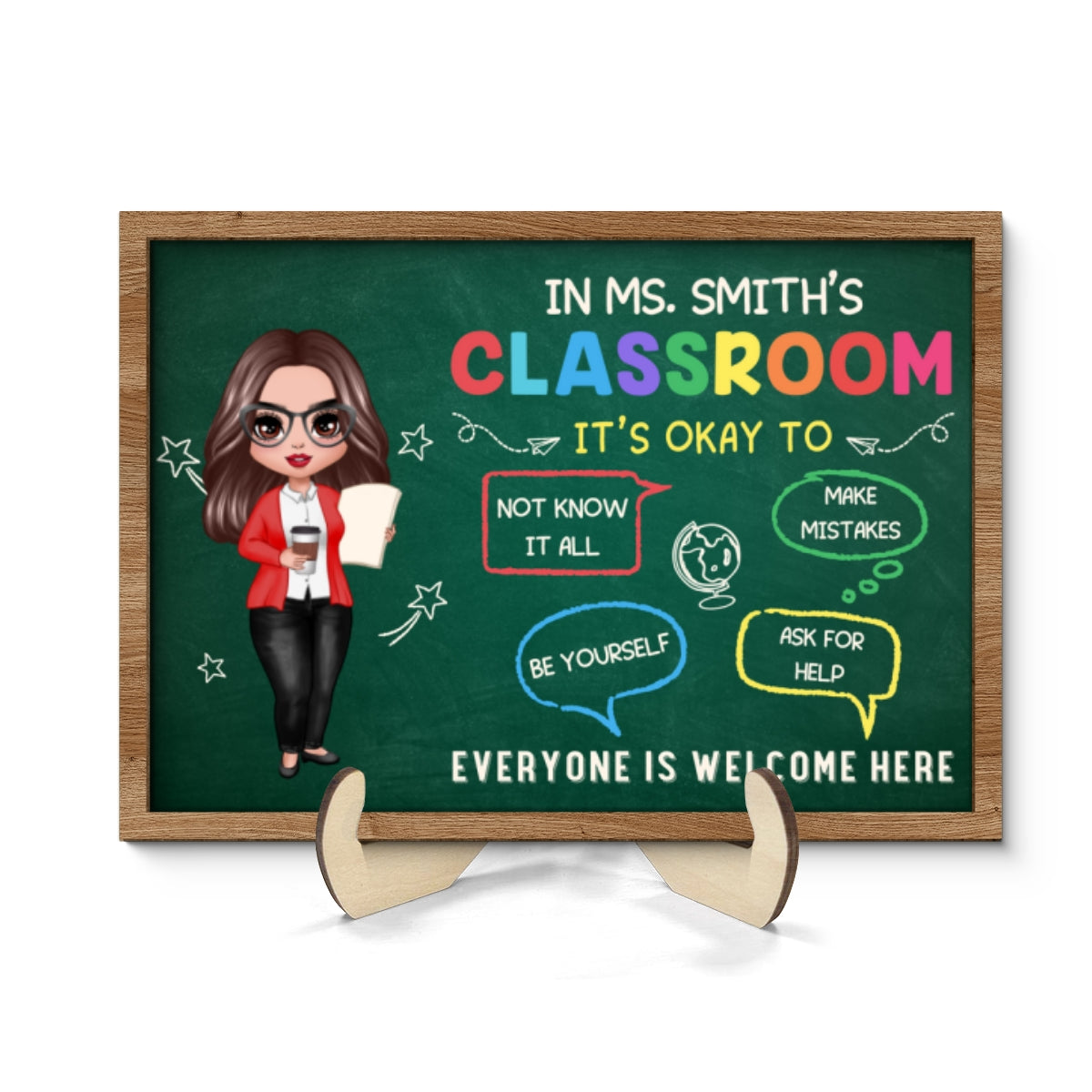 In Teacher Classroom It‘s Okay Everyone Is Welcome Here Personalized 2-Layer Wooden Plaque, Classroom Decor