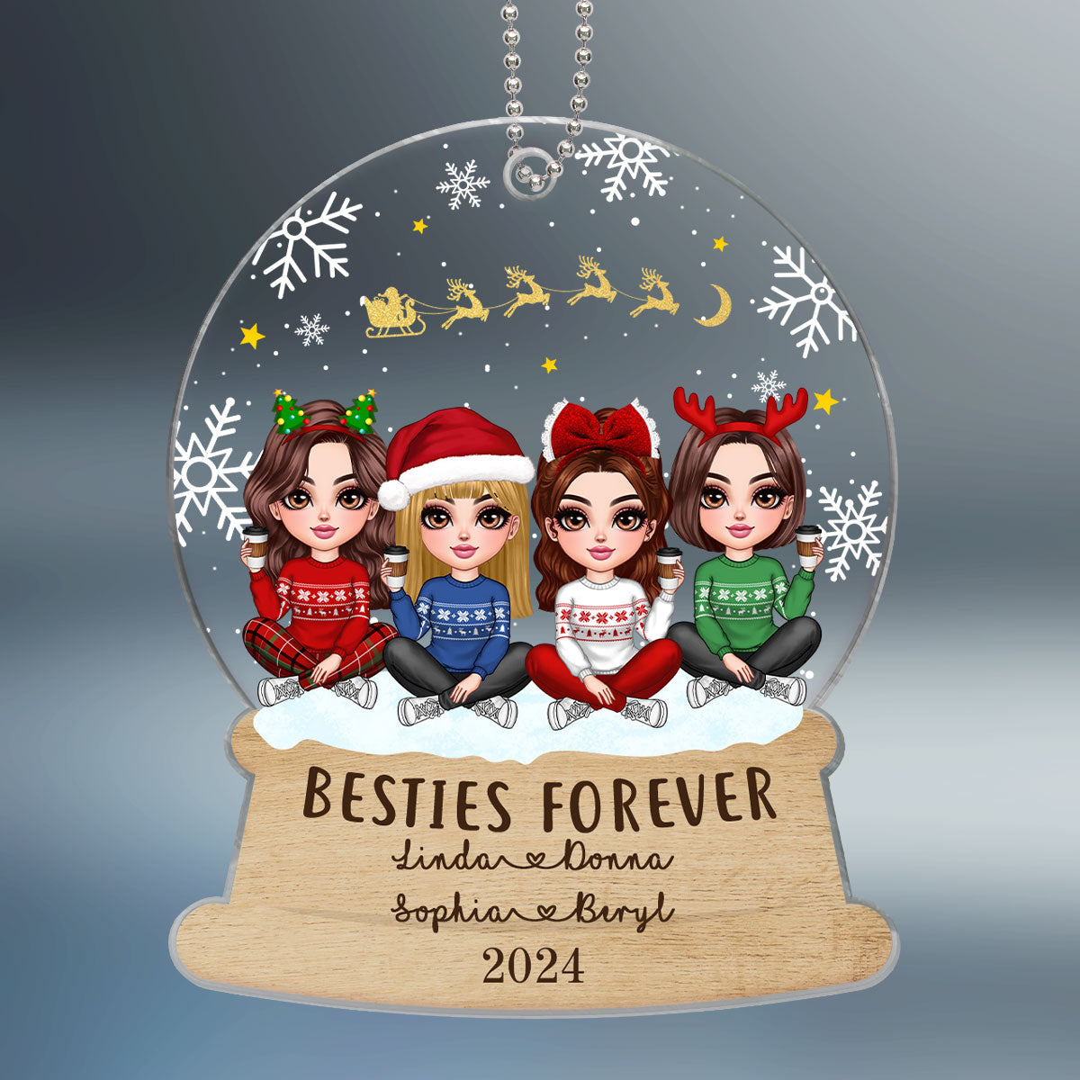 Pretty Friends Sisters Besties Christmas Sitting In Snow Globe Personalized Acrylic Ornament