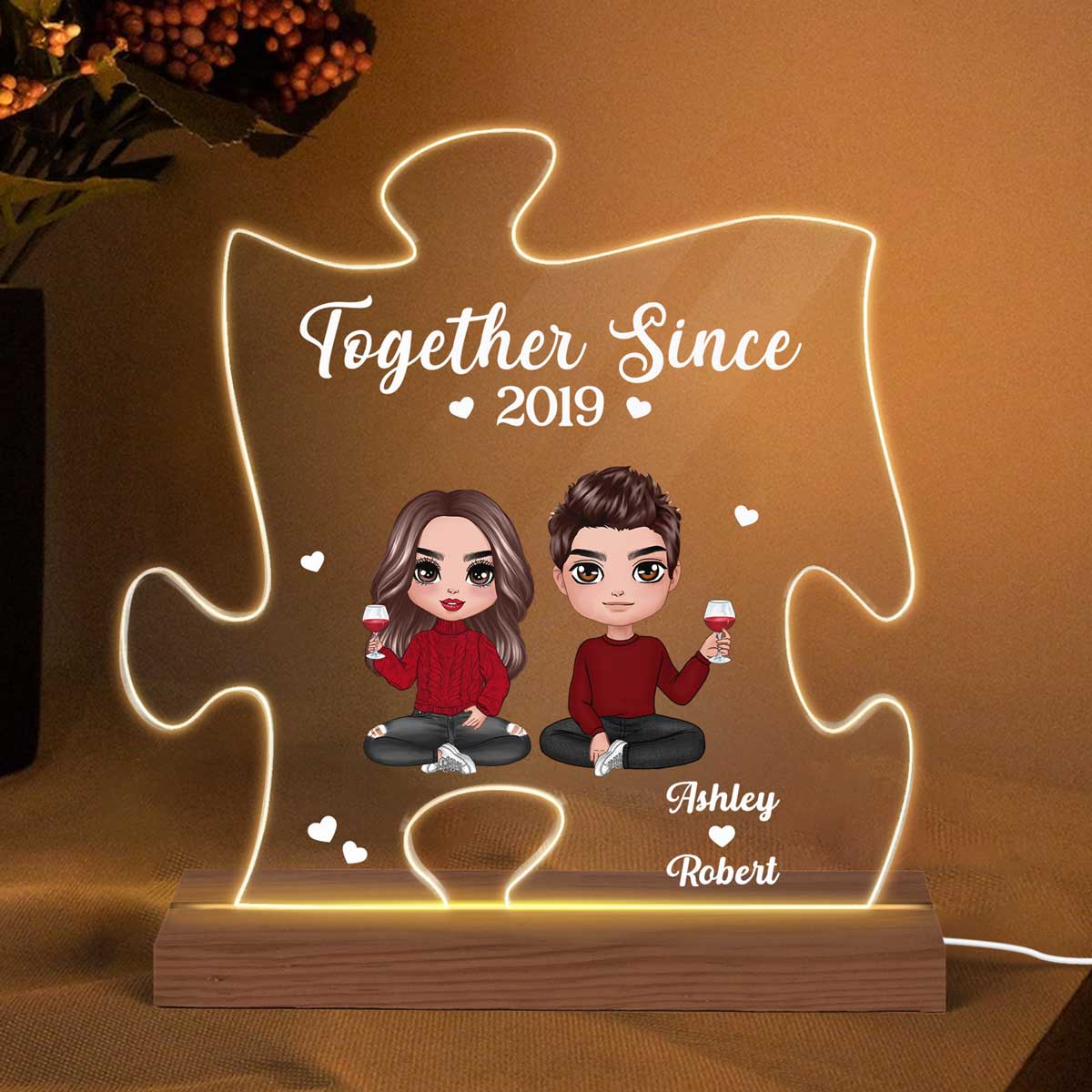 Doll Couple You‘re The Missing Piece Puzzle Shaped Personalized Custom Shape Acrylic Plaque With LED Night Light - Gift For Him - Gift For Her