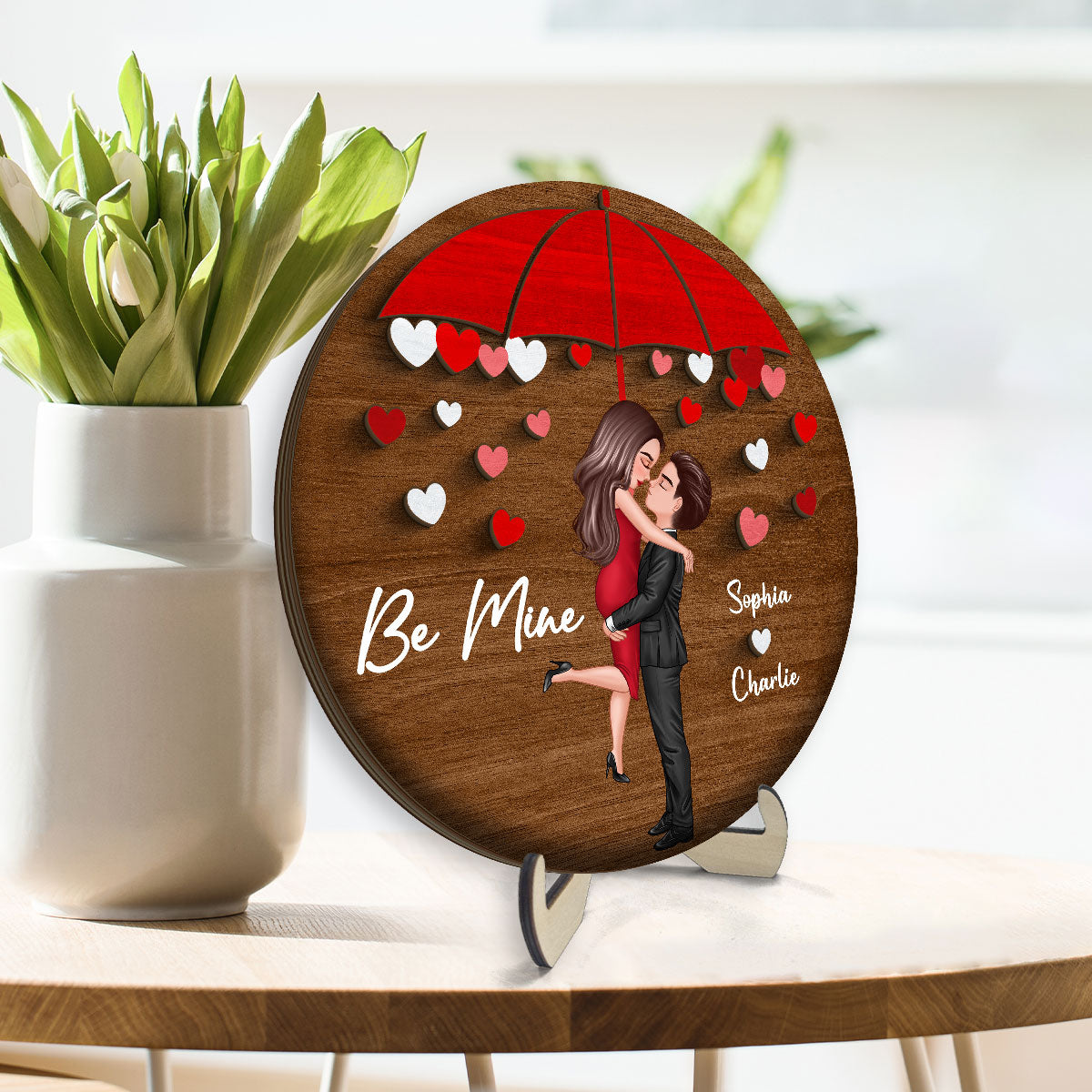 Couple Hugging Kissing Under Umbrella Valentine‘s Day Gift Personalized 2-layer Wooden Plaque