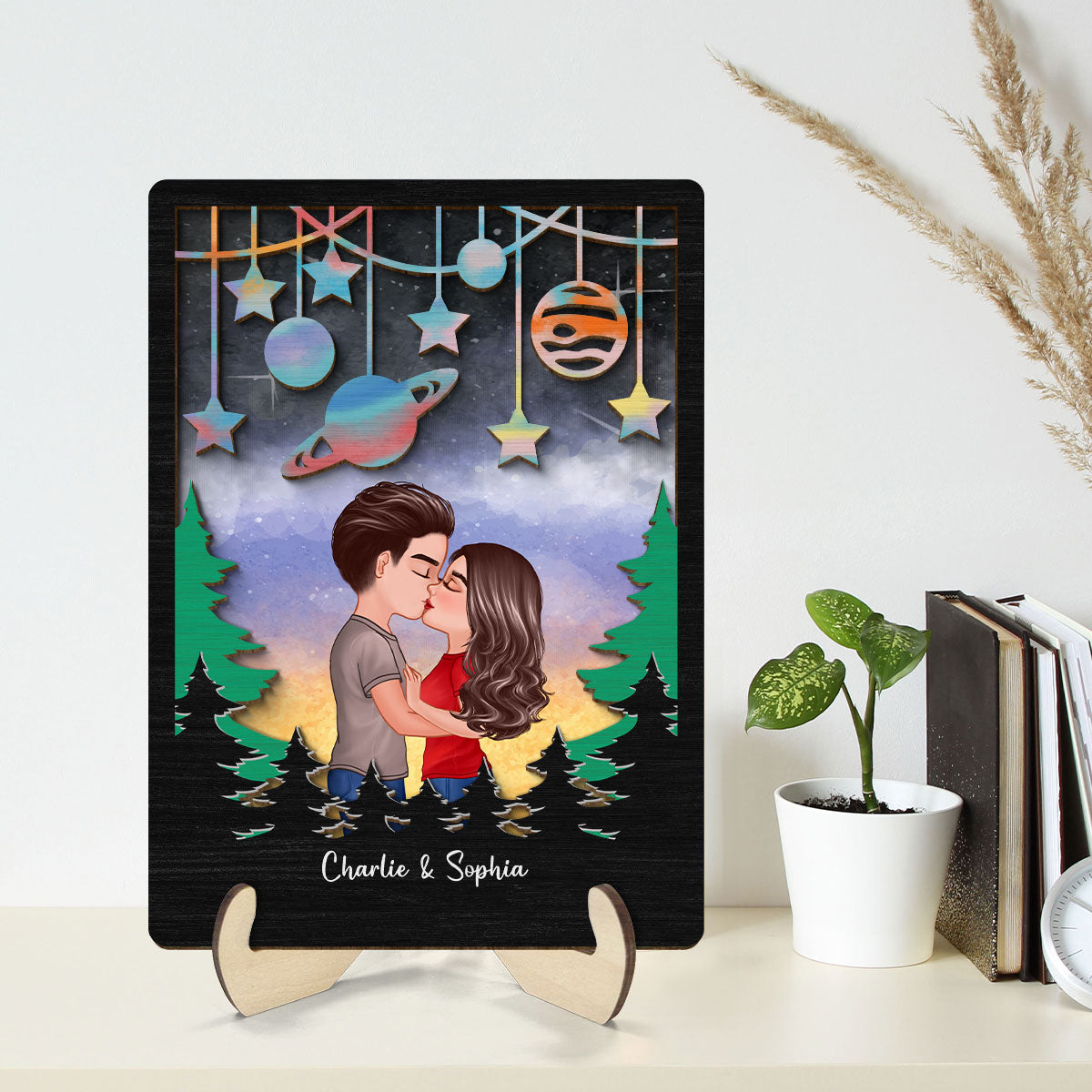 Couple Kissing Galaxy Theme  Gift For Him Gift For Her Personalized 2-layer Wooden Plaque