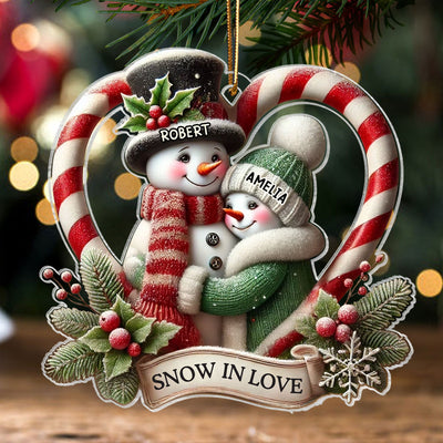 Snow in Love Couple Candy Cane Heart Personalized Acrylic Ornament, Unique Christmas Gift For Her, For Him, For The Couple