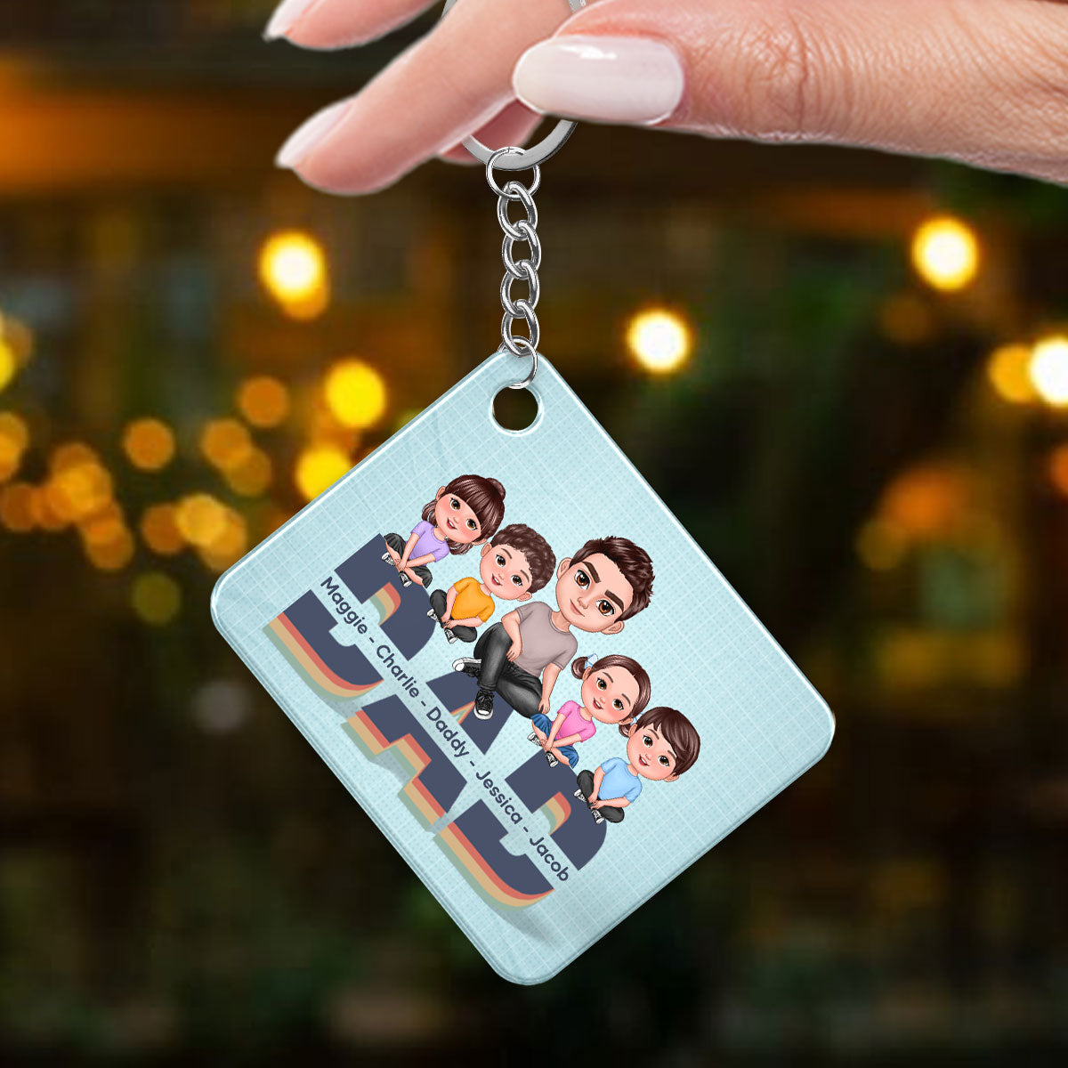 Doll Dad And Kids Sitting On Retro Text Personalized Acrylic Keychain