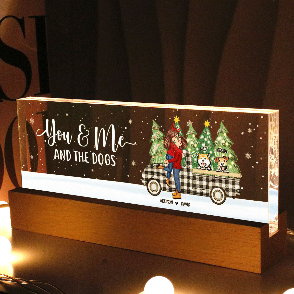 You Me And The Dogs Christmas Truck Personalized Acrylic Block LED Night Light, Christmas Gift for Couples