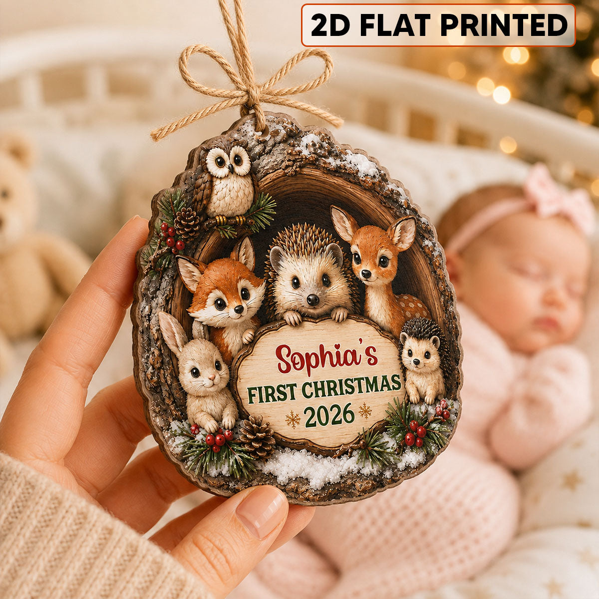 Baby First Christmas Woodland Animal - Personalized Wooden Ornament - Christmas Gift For Newborn Baby