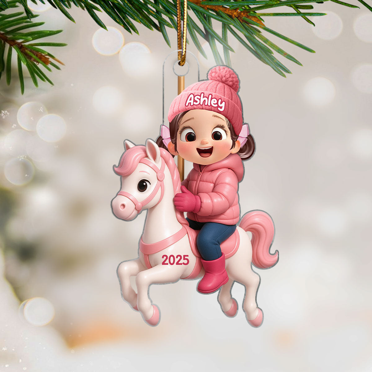 Cute Cartoon Kid On Horse Christmas Personalized Acrylic Ornament, Perfect Chrismas Gift For Kids, Grandkids