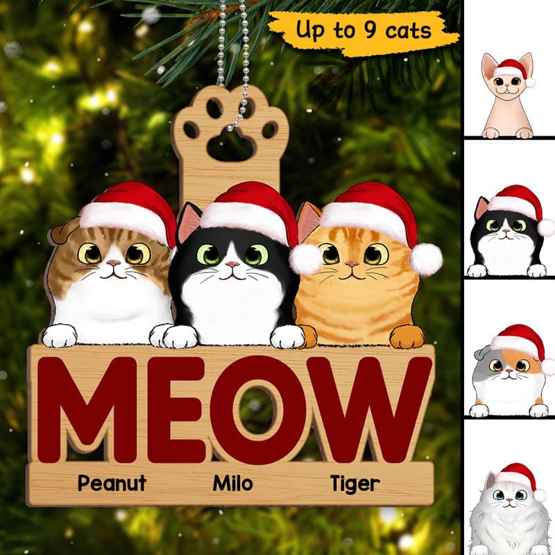 Fluffy Cats Meow Christmas Personalized Wooden Ornament