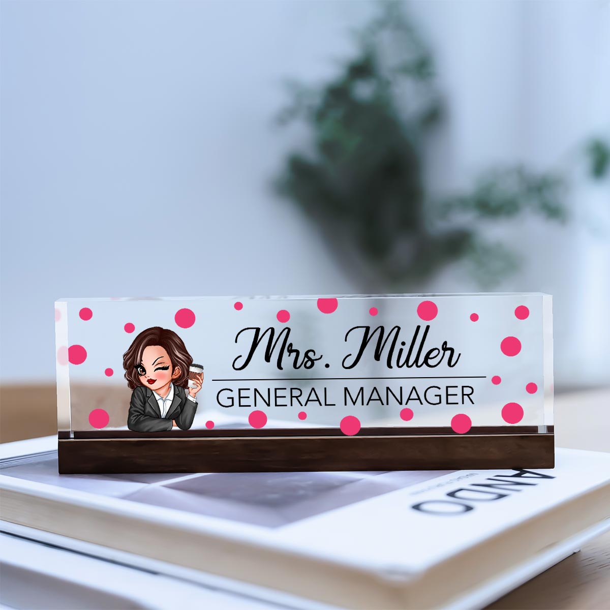 Polka Dot Woman Personalized Acrylic Desk Name Plate, Office Desk Decor, Gift For Colleagues, Coworkers, Boss
