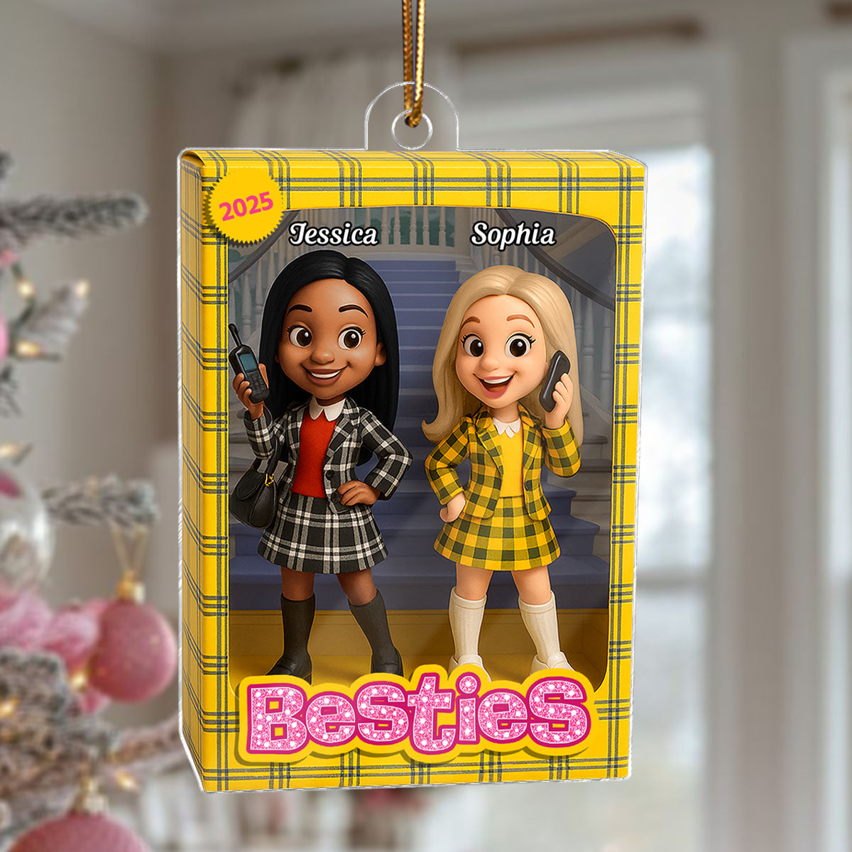Besties Plaid Dresses Toy Box Style - Personalized Acrylic Ornament - Christmas Gift For Best Friends