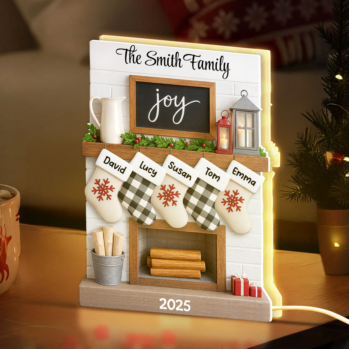 2025 Large Family Fireplace Mantle Tree Home Stocking Stuffer Christmas Gift Personalized LED Light Box