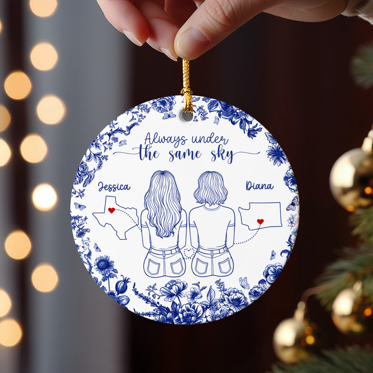 Chinoiserie Pattern Long Distance Besties State Map Personalized Ceramic Ornament