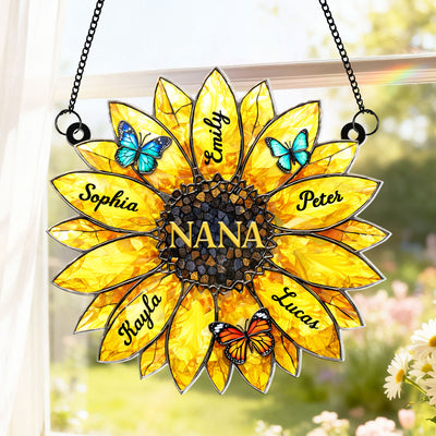 Sunflower Grandma Mom Custom Kids Names - Personalized Acrylic Window Hanging - Mother's Day Gift for Grandma, Mom, Wife
