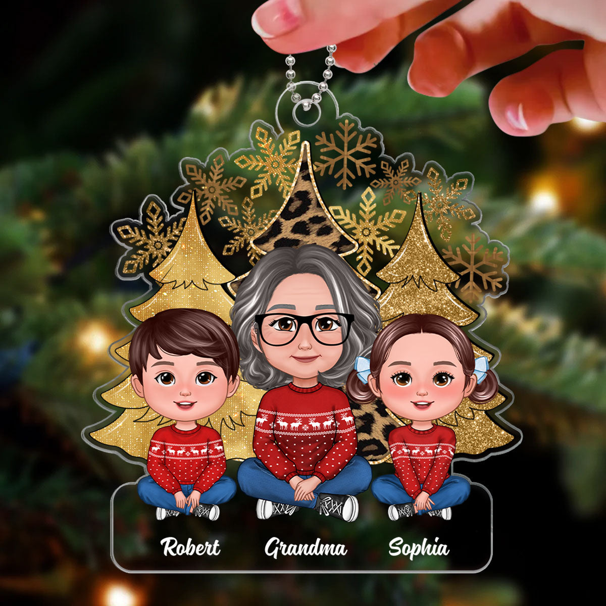 Leopard Christmas Tree Snowflakes Grandma Grandkids Crossed Legs Personalized Acrylic Ornament