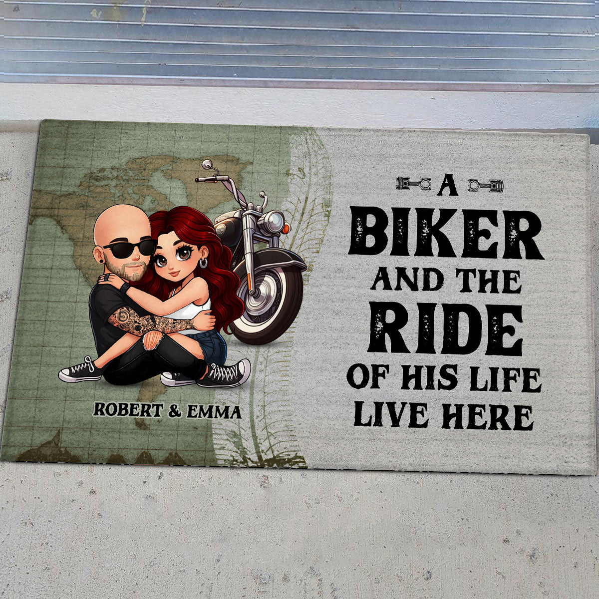 An Old Biker and the Ride of His Life Live Here Personalized Doormat, Custom Motorcycle Gift for Couples