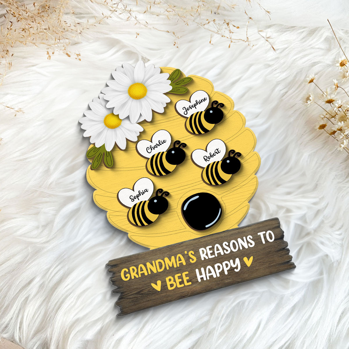 Grandma Mom Reason To Bee Happy Honey Bees Personalized 2-layer Wooden Plaque