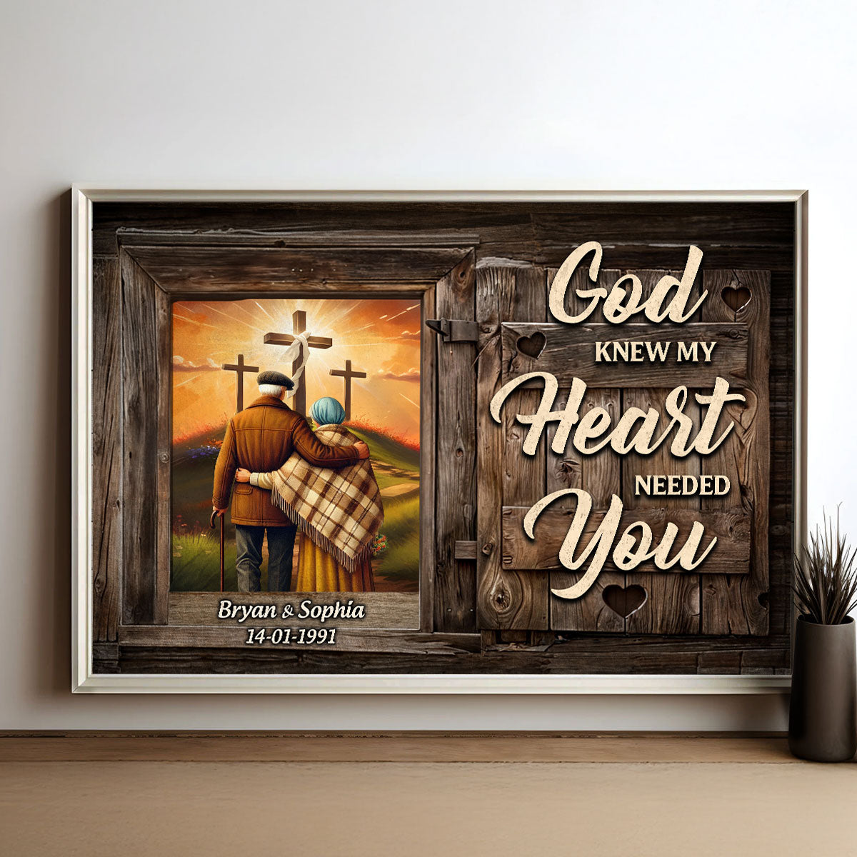 Cross God Knew My Heart Needed You Old Couple Walking Hugging Personalized Poster, Anniversary  Gift For Him, Her, Husband, Wife