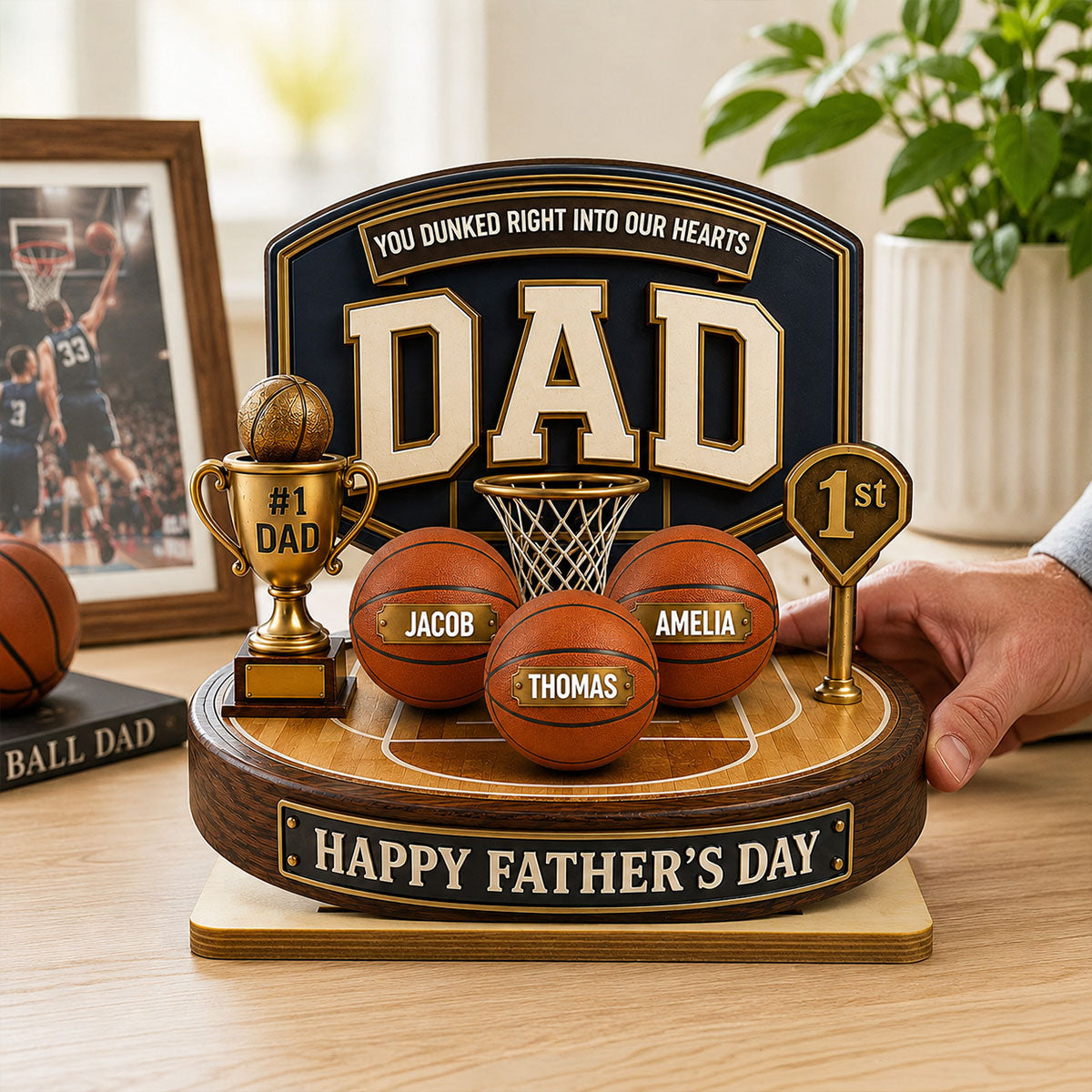 Basketball Trophy You Dunked Right Into Our Hearts - Personalized 2-Layered Wooden Plaque - Father's Day Gift For Dad, Husband