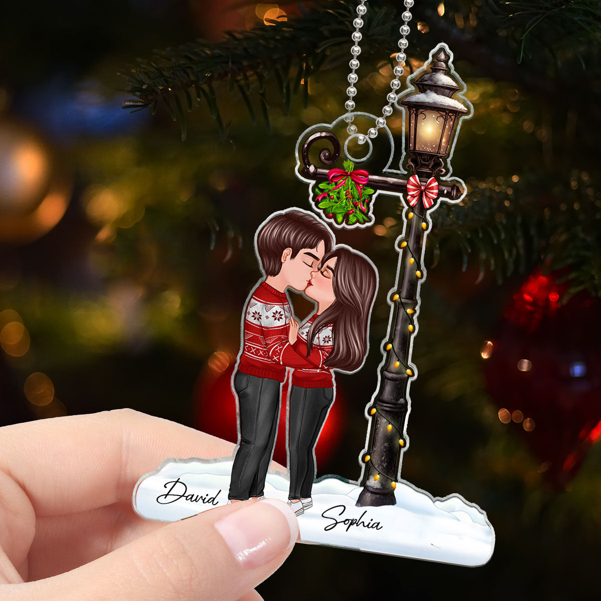 Couple Kissing Under Mistletoe Lamp Post Christmas Decor Personalized Acrylic Ornament