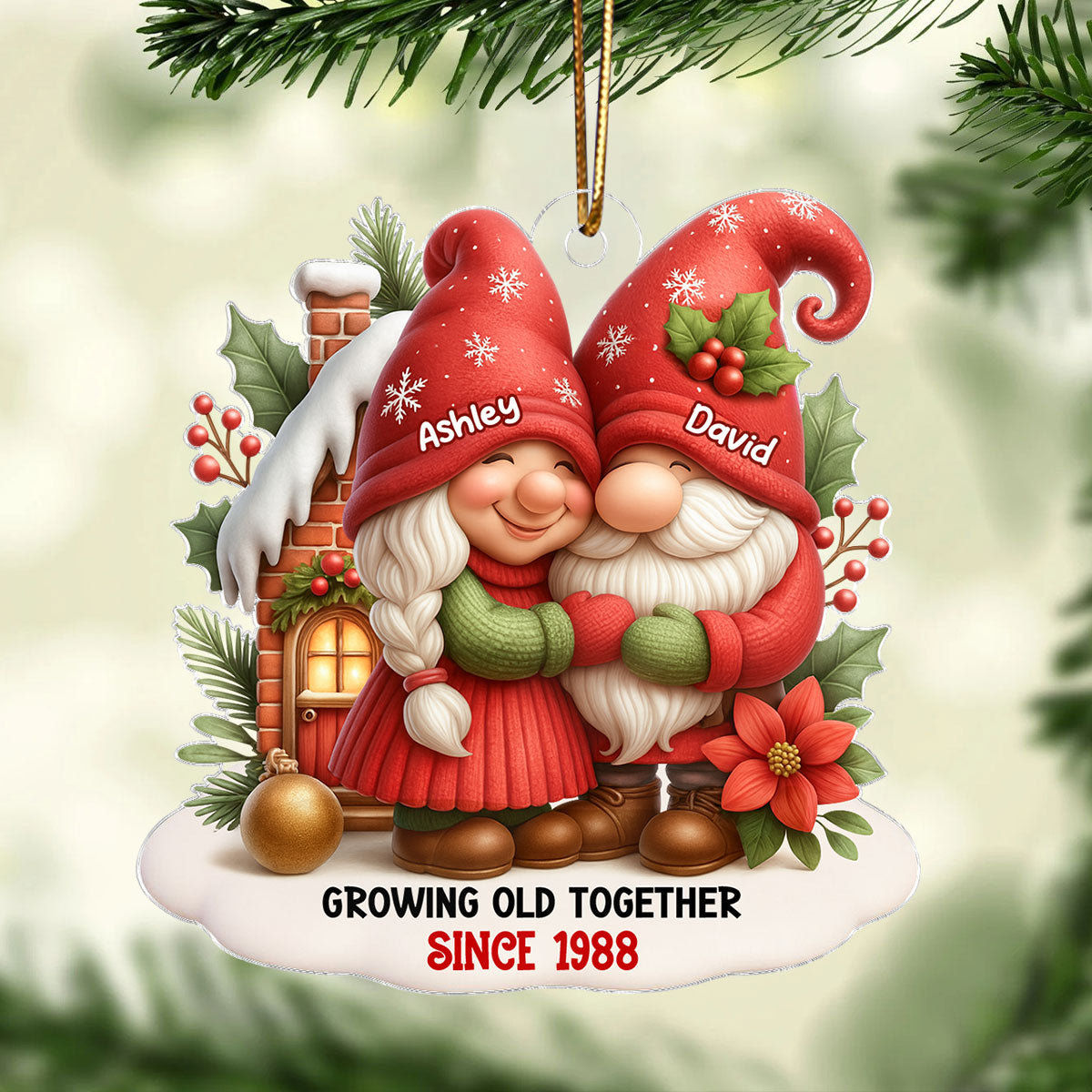 Festive Gnome Couple Love in Winter Wonderland Personalized Acrylic Ornament, Christmas Gift for him, Gift for her