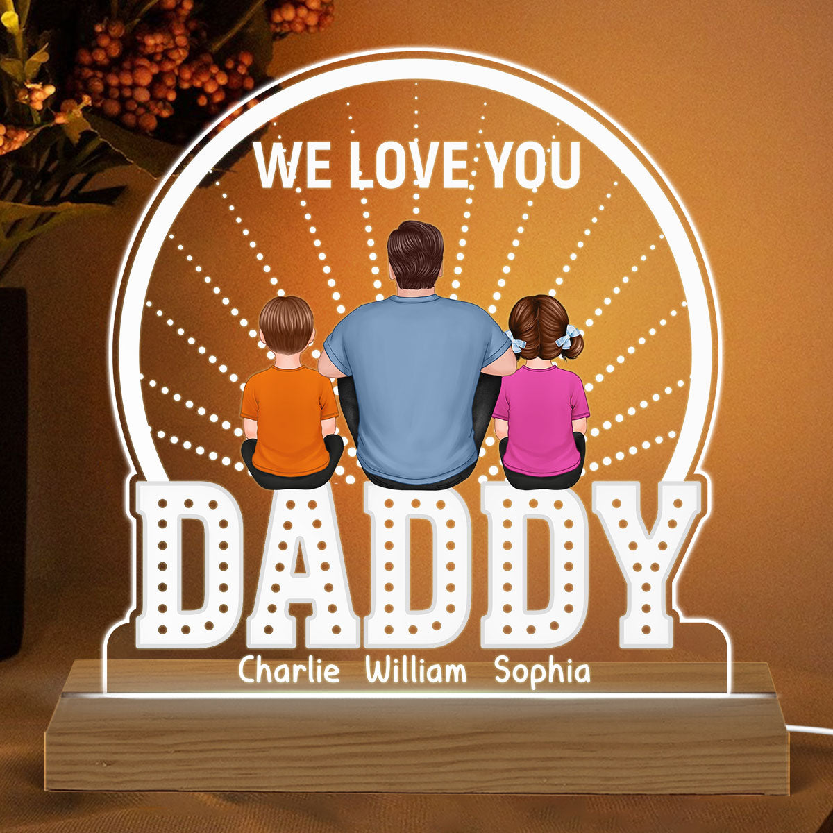 Back View Man Sitting With Kids Dogs Cats Sitting On Words Personalized Custom Shape Acrylic Plaque Warm LED Night Light