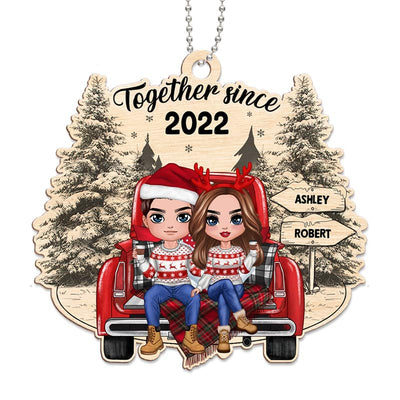 Doll Couple Sitting On Christmas Truck Personalized Wooden Ornament
