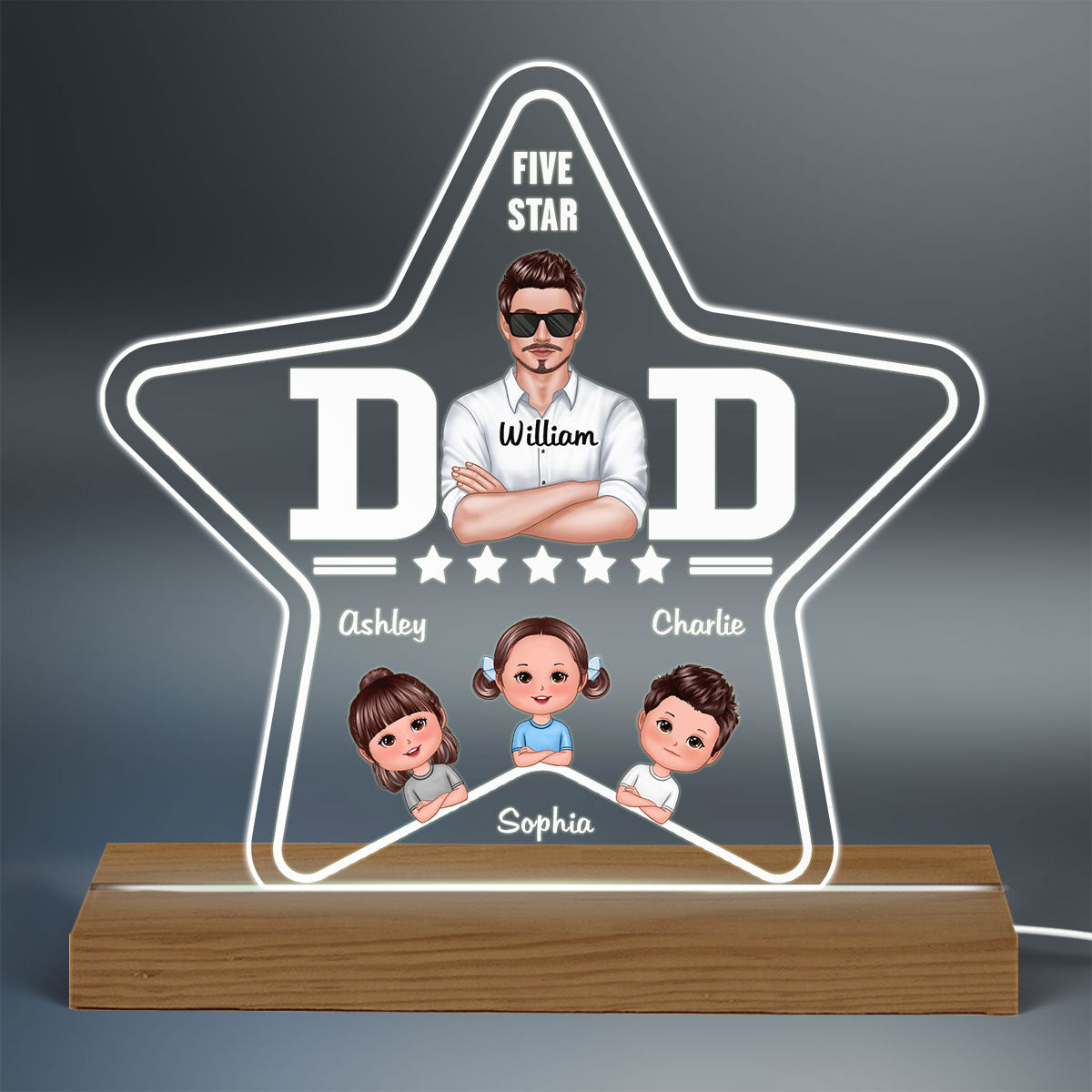 Five - Star Dad Real Man And Kids Personalized Custom Shape Acrylic LED Night Light