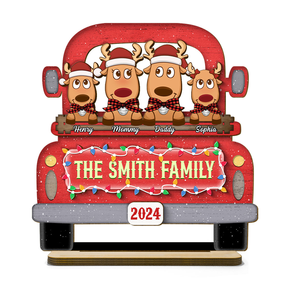 Reindeer Family On Christmas Truck Personalized 2 Layer Standing Wooden Plaque