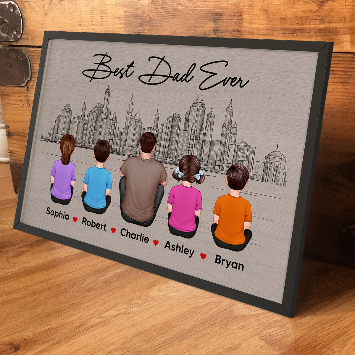 Skyline Family Sitting Back View Personalize Poster, Father's Day gift for Husband, for Dad, for Grandpa
