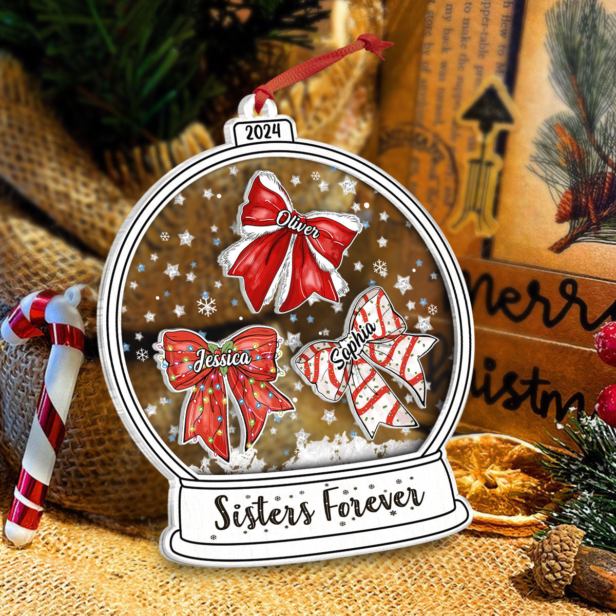 Besties Sisters Christmas Bow Personalized Shaker Ornament, Christmas Gift for Besties Sisters