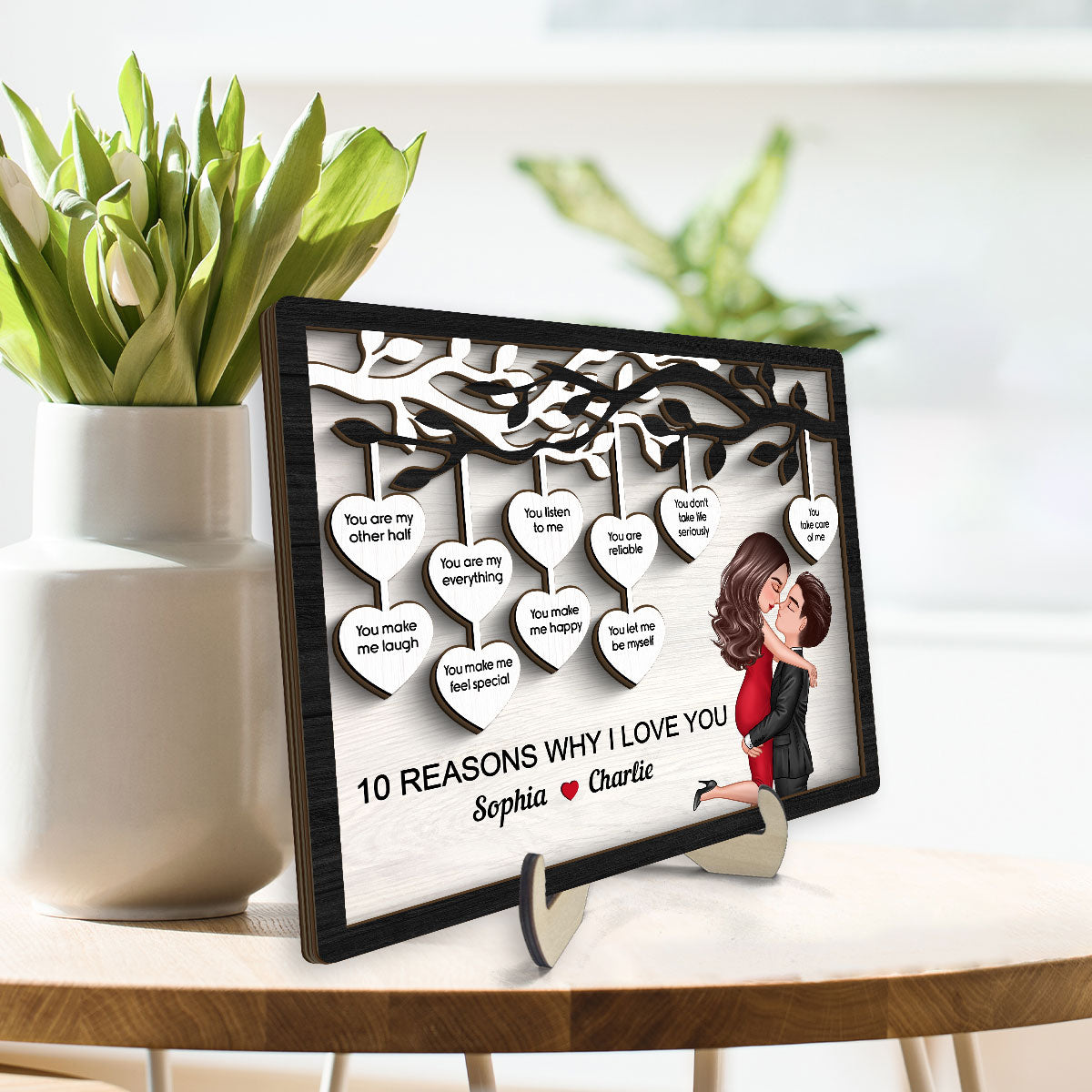 Couple Kissing Under Heart Tree Reasons I Love You Personalized 2-Layer Wooden Plaque, Valentine‘s Day Gift For Him, For Her