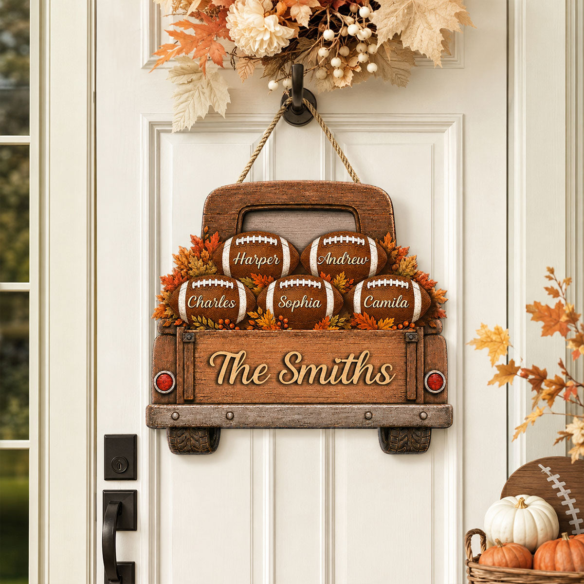 Football Family Truck With Custom Names 2D Flat - Personalized Wood Sign - Fall Season Decor For Football Lovers