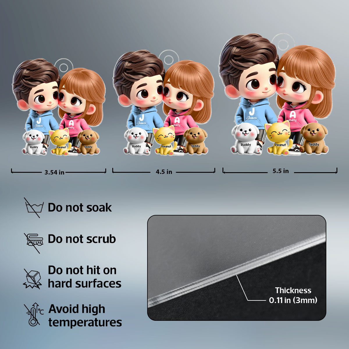 3D Effect Cute Cartoon Couple Holding Hands with Dogs Cats Personalized Acrylic Car Hanger, Anniversary &  Gift for him, Gift for her