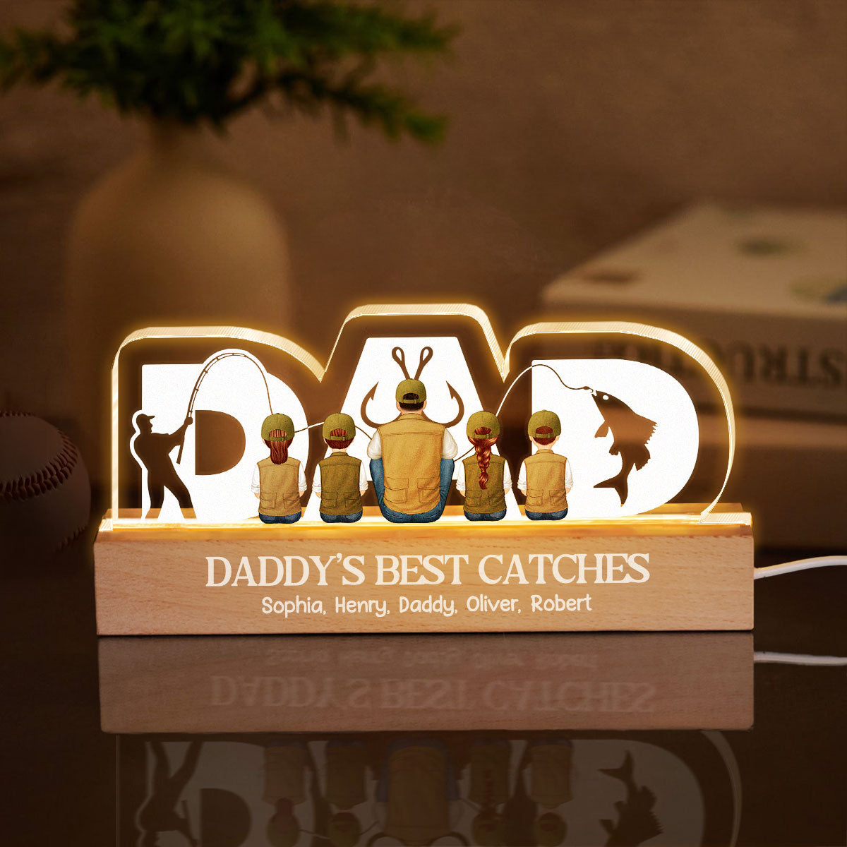 Fishing Dad Grandpa And Kids Back View Personalized Acrylic LED Night Light, Father's Day Gift for Dad, Gift for Husband