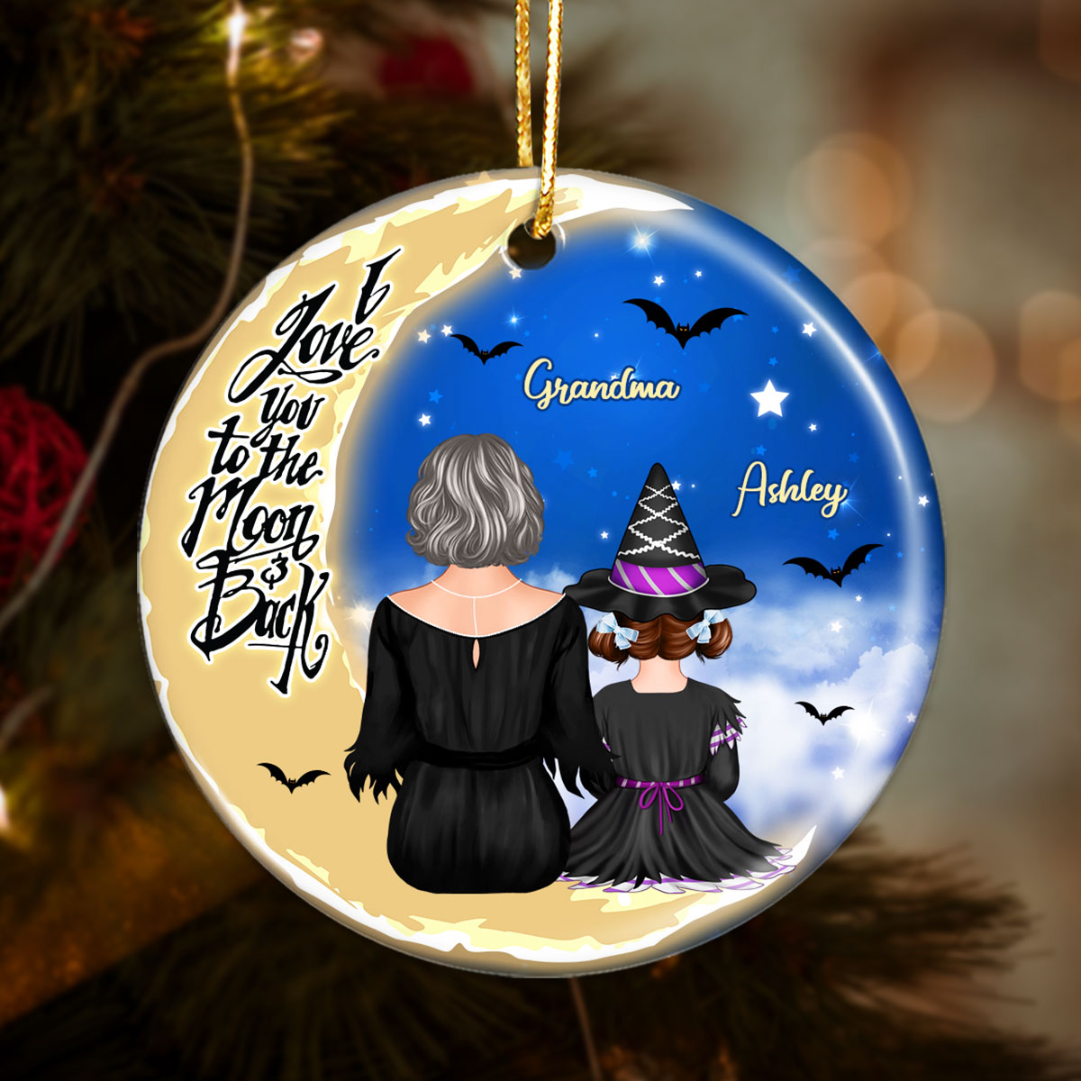 Grandma Grandkids On Moon Back View Halloween Personalized Circle Ornament
