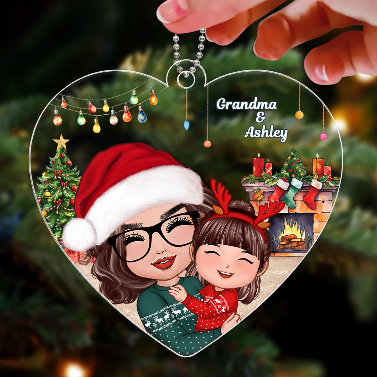 Christmas Doll Grandma Mom Hugging Kid Gift For Granddaughter Grandson Heart Shaped Personalized Acrylic Ornament