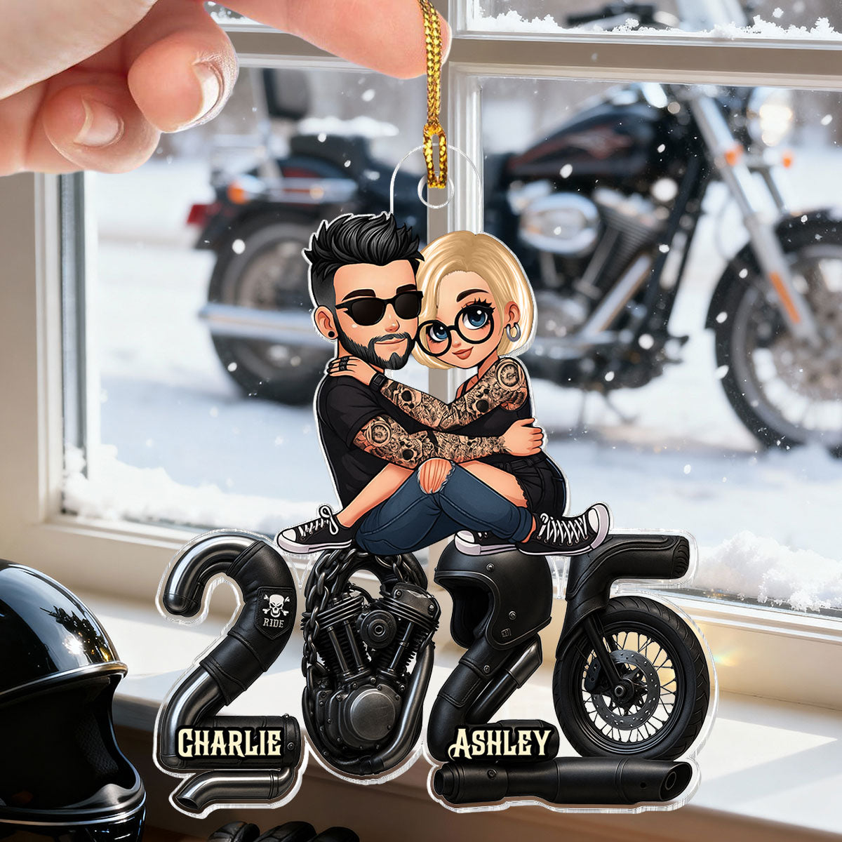 3D Effect Biker Couple- Personalized Acrylic Car Hanger- Gift For Bikers, Gift For Him, For Her
